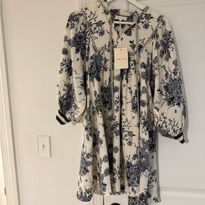 entro Cream Dress with Navy Floral Print and Tie Neck